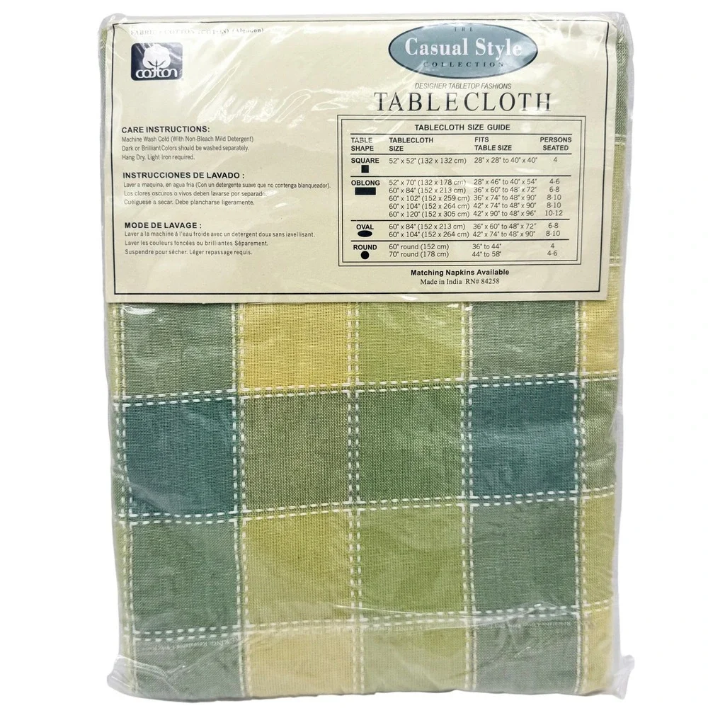 Casual Style 60x84 Oval 100% Cotton Tablecloth Green Yellow Plaid New Sealed